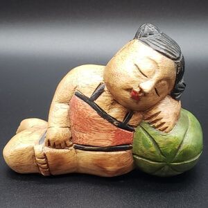 Hand Carved Vintage Wooden Sleeping Girl on Watermelon or Beach Ball Figurine